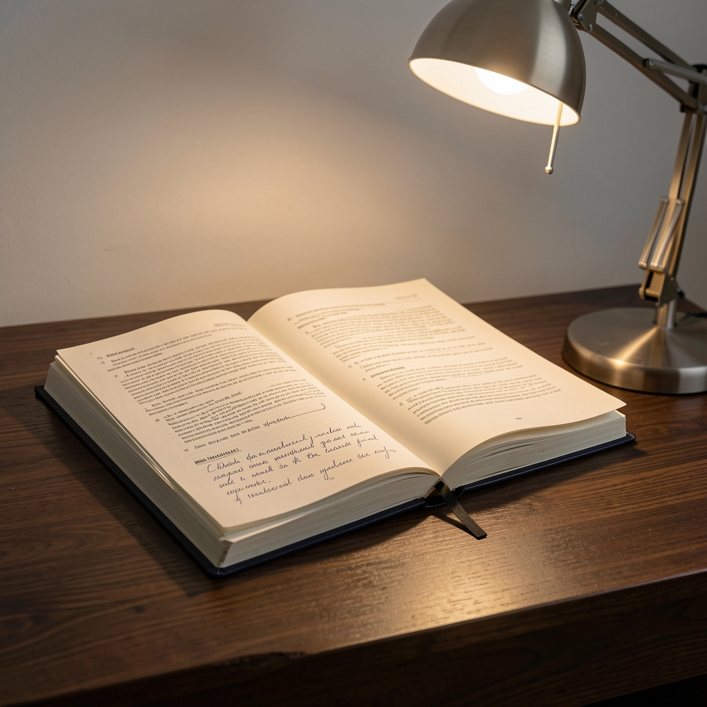 Stack of open notebooks and printed research papers on a dark wooden desk with a single reading lamp casting warm light over handwritten notes