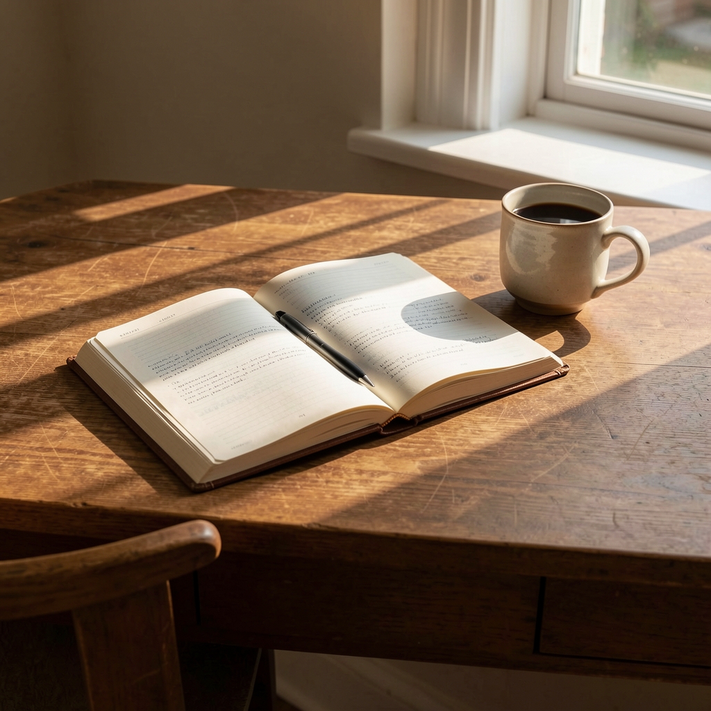 Wide wooden writing desk with an open journal, a ceramic coffee cup, and morning light falling across the pages at an angle, creating long shadows