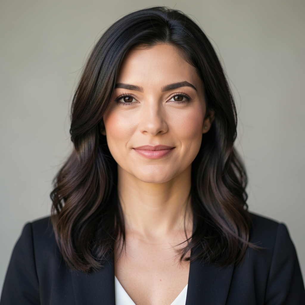 Editorial portrait of a woman with dark hair in soft natural studio lighting against a neutral background, professional and composed