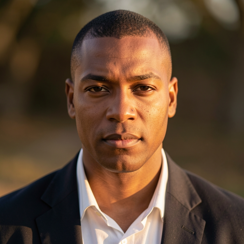 Editorial portrait of a man with close-cropped hair in warm directional studio lighting, looking directly at the camera with a calm expression