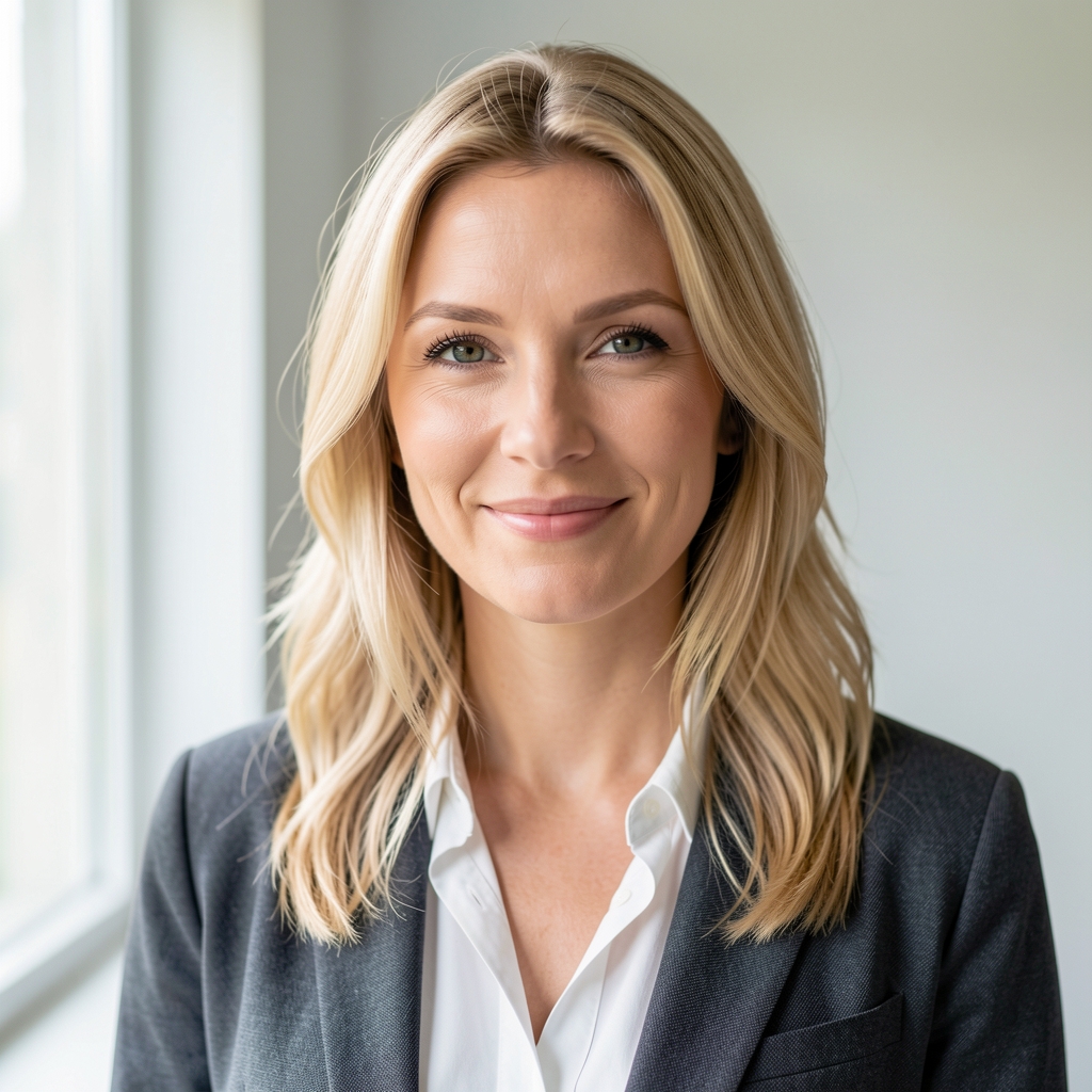 Editorial portrait of a woman with light hair in a bright minimal environment, slight smile, natural daylight from a nearby window