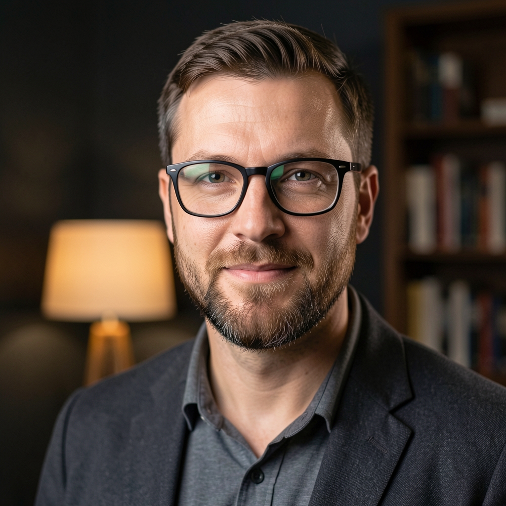 Editorial portrait of a man with glasses and a short beard in a dark-walled room with bookshelf visible behind him, warm reading lamp light