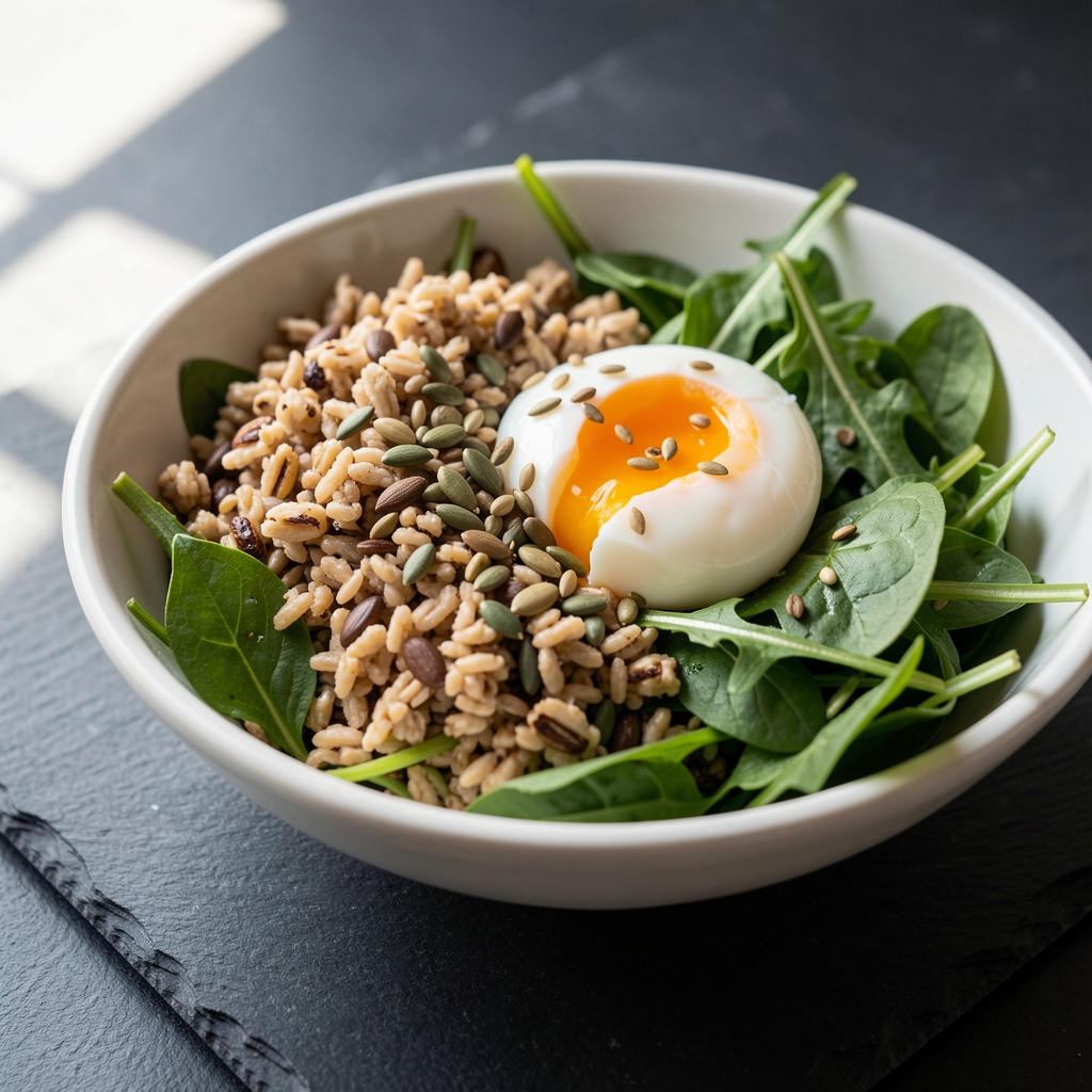 Close-up of a nutritious whole-grain bowl with leafy greens, seeds, and a soft-boiled egg on a dark slate surface, natural daylight from left