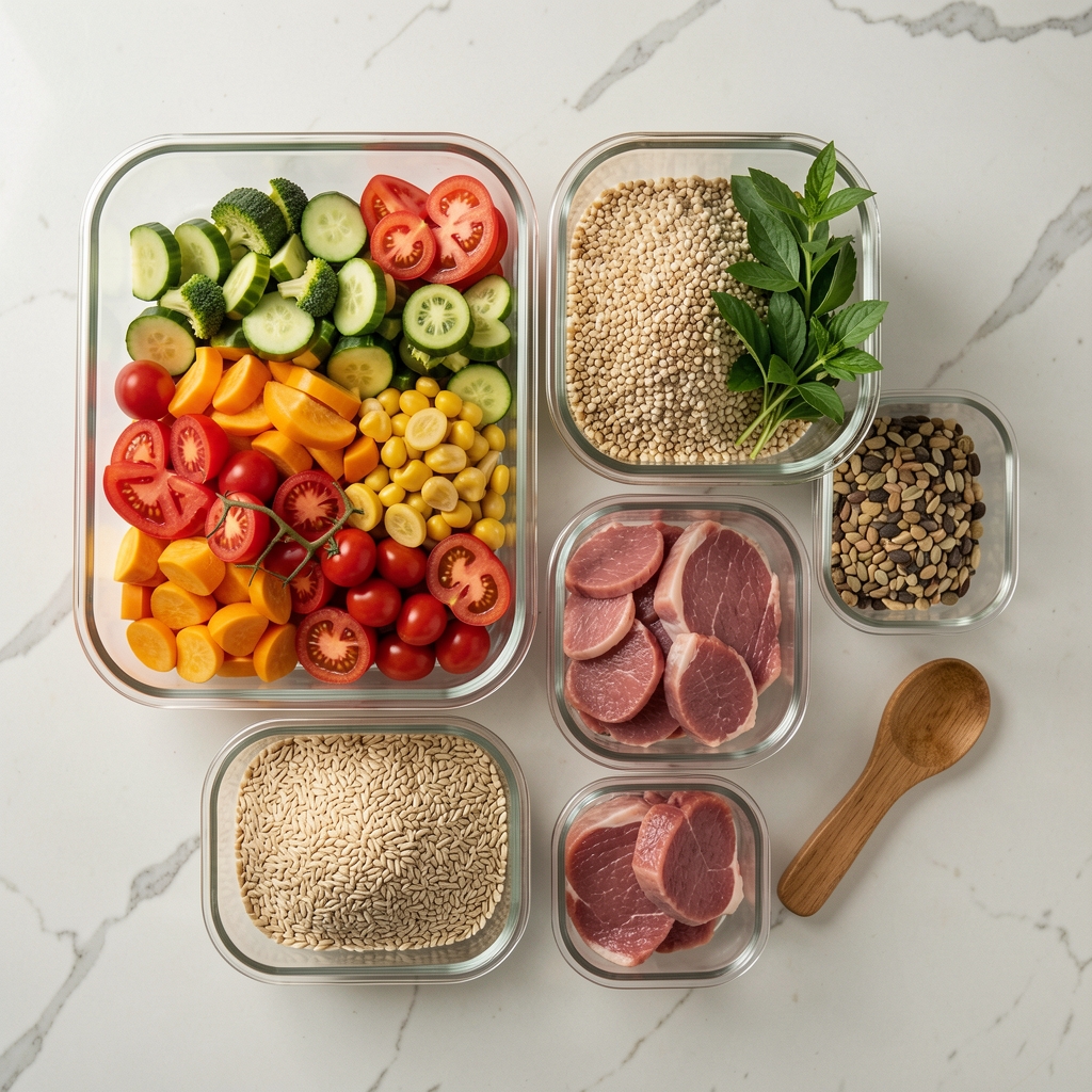 Overhead view of a meal prep arrangement showing portioned glass containers with colourful vegetables, grains, and lean protein on a clean kitchen worktop