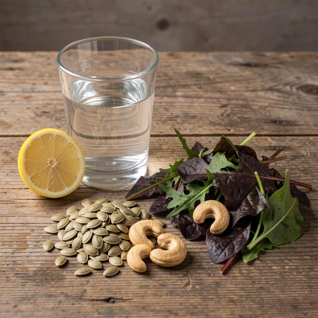 A glass of water with lemon slices beside a zinc-rich selection of pumpkin seeds, cashews, and dark leafy greens arranged on a weathered oak table