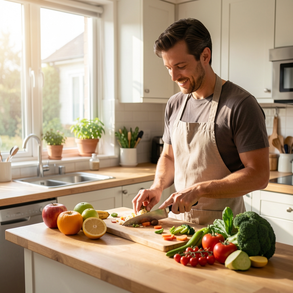 Man in a well-lit home kitchen preparing a nutritious breakfast with fresh produce on a wooden countertop, morning light streaming through the window